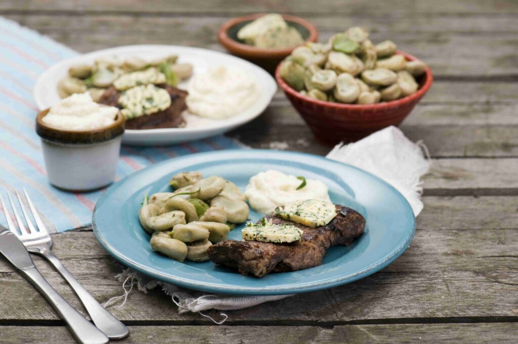 Beef sirloin steak with broad beans and cauliflower mousse